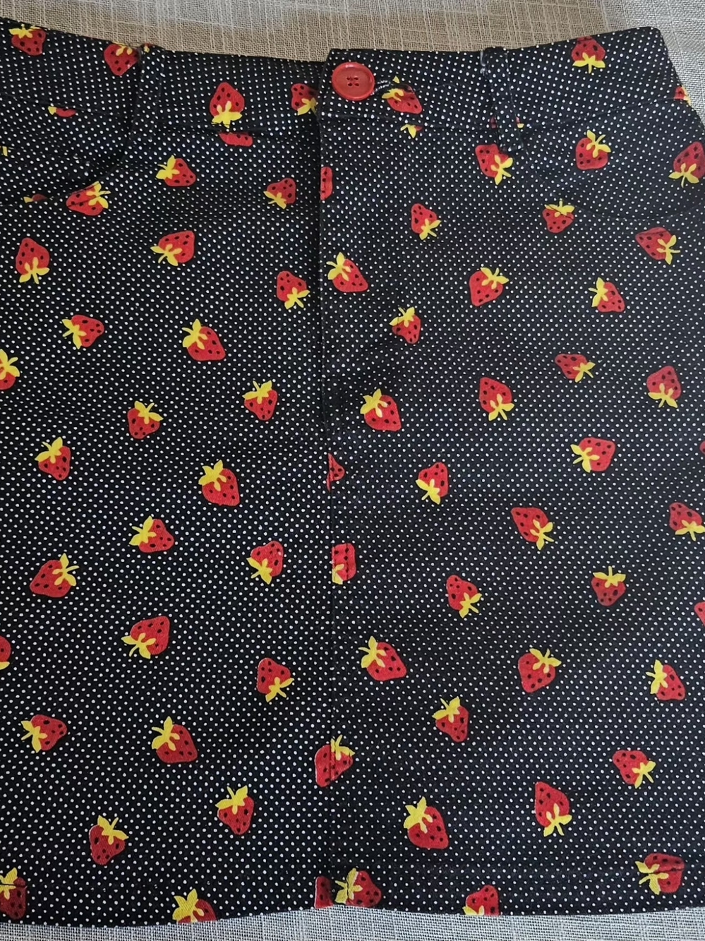​Motel Rocks Strawberry Polka Dot Denim Mini Skirt | Size XS Black Red Festival - Picture 3 of 11